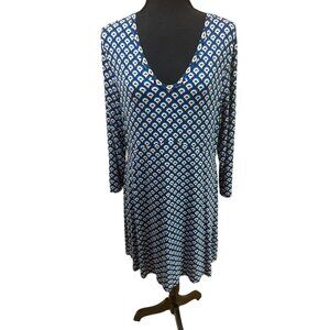 Boden Women's Long Sleeve Blue Geometric Print Dress 3/4 Sleeve V-Neck Size 10